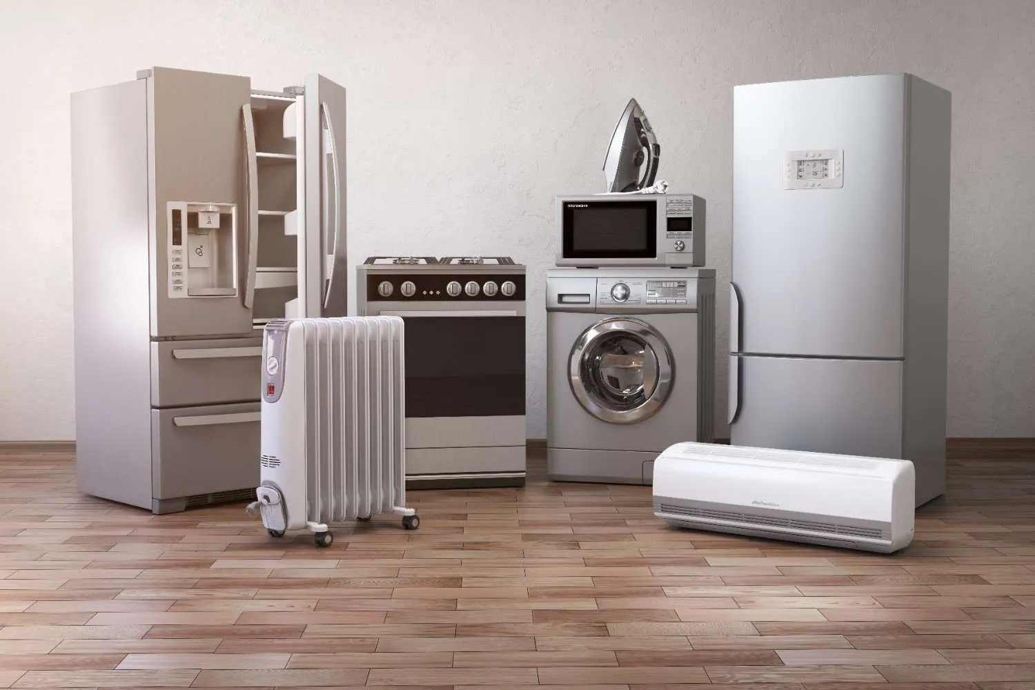 Refrigerators, a range, a washer, a heater and an air conditioner standing together